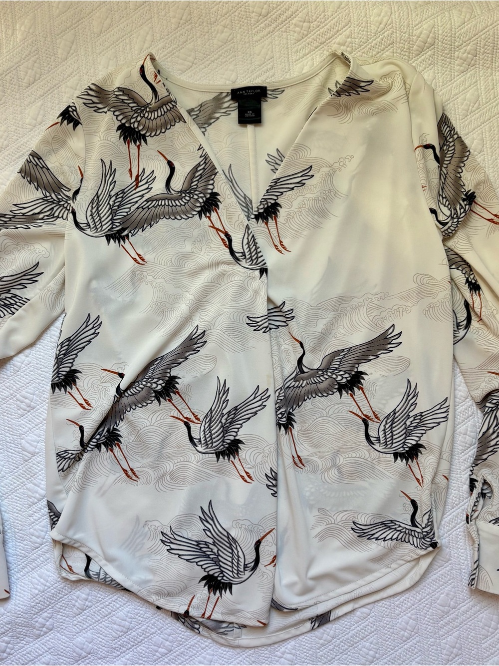 Ann Taylor Factory Cream Blouse with Crane Motif